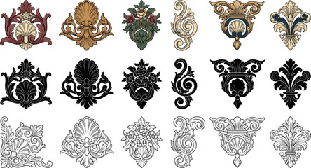 Vintage baroque architectural scroll vector set with ornate rococo floral corbel elements and luxury engraving outline silhouette graphics © AFSANA AKTER