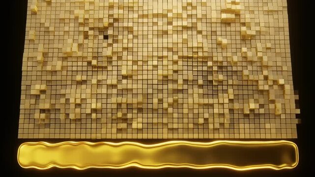 Abstract Digital Grid of Glowing Golden Cubes with Fluid Liquid Metal Motion 4K Generative AI