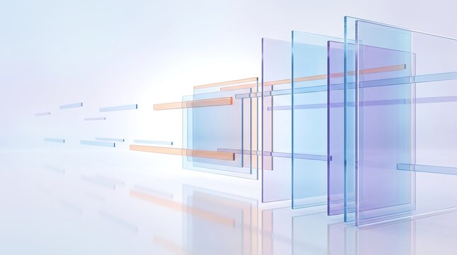 Abstract composition of translucent floating glass panels featuring layered geometric rectangles in soft blue and purple hues with orange accents and light refraction in a clean 3D render