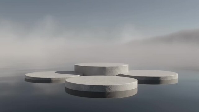 Minimalist Concrete Product Display Pedestals Floating on Calm Water Surface in Foggy Atmosphere 4K Generative AI