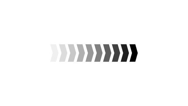 Minimalist loading progress bar animation with grayscale chevron arrows on white background. Clean motion graphics for web interface UI, directional flow, and corporate business presentations.