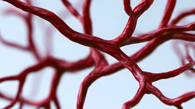 Close up view of branching red vascular structures against a soft light blue background  highlighting organic texture and form