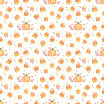Halloween Candy Corn Pattern: A cheerful, seamless pattern featuring colorful candy corn, playful pumpkins, and autumn leaves, perfect for festive decorations and seasonal crafts.