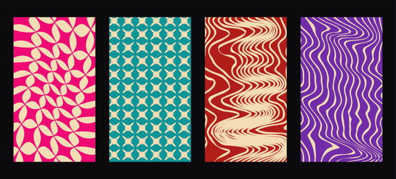 Set of Four 60s and 70s Style Retro Abstract Graphic Design Templates with Groovy Geometric Shapes and Wavy Artwork Layouts