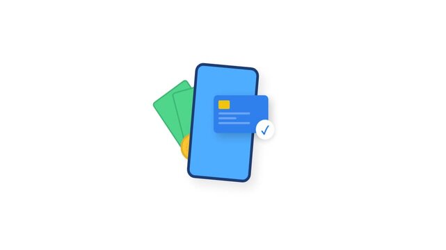 Flat Style Animation of a Smartphone with Green Banknotes and Gold Coin Representing Mobile Banking and Digital Payment Solutions on White Background