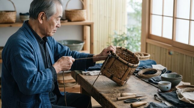 Elderly artisan weaving a basket. The skilled craftsman meticulously weaves a basket in his workshop, surrounded by traditional tools and materials.