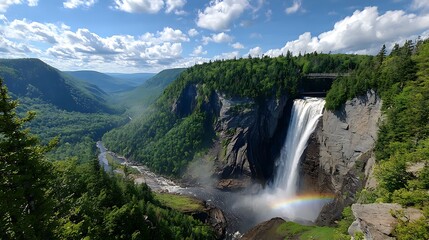 Obraz premium Majestic waterfall cascading down a lush green cliff face creating a rainbow in the mist overlooking a wide river valley with a scenic landscape