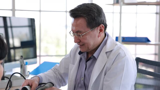 doctor consulting, Mature asian physician psychiatrist consulting concerned with teenage girl, child patient. Children healthcare, check up medical
