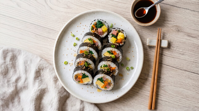 Top-down view of sliced Korean gimbap rolls filled with egg, vegetables, and ham, served on a plate with soy sauce and chopsticks.