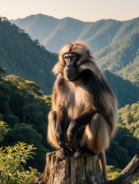 Large primate sits on old wood stump in tropical mountain forest. Wild monkey looks ahead with calm face in green jungle landscape. Close up portrait of exotic animal in natural habitat during golden