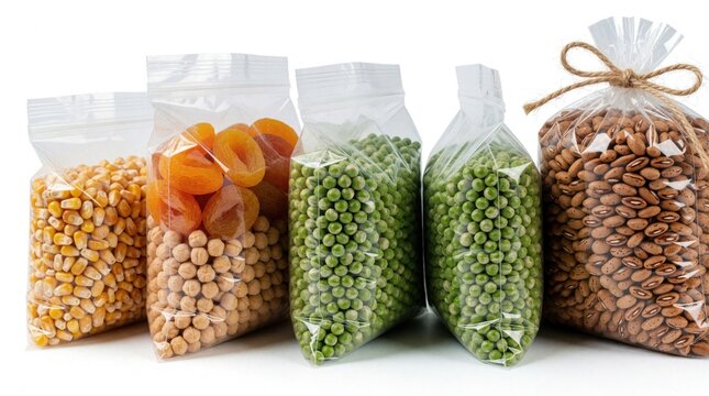 Assorted dried foods in clear plastic zip lock bags on white background. Corn kernels, dried apricots, chickpeas, green peas, kidney beans in transparent packaging. Healthy organic ingredients for