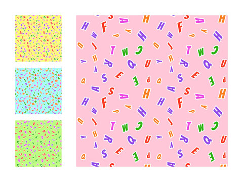 Colorful Fun Cheerful Alphabet Letters Seamless Pattern Background Vector Bundle Illustration