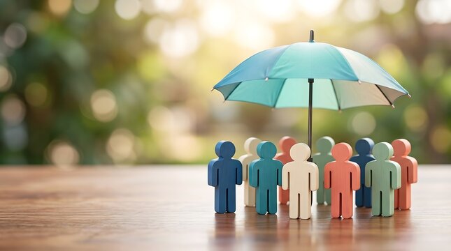 Group of colorful wooden human figurines standing together under small protective umbrella on wooden surface representing collective insurance and safety measures for business or family