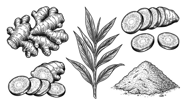 Ginger root set, whole rhizome, sliced pieces, green plant leaf and powder heap. Vector black vintage engraved illustration isolated on white background