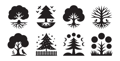 Fototapeta premium Various tree silhouettes featuring birds and starry sky elements for mystical nature graphic design.