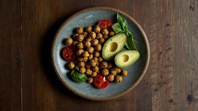 Roasted chickpeas with fresh avocado and cherry tomatoes on a textured ceramic plate with rustic wooden background