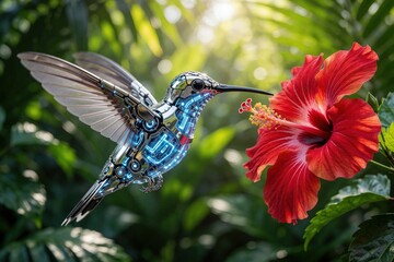 Obraz premium Robotic hummingbird with blue glowing circuits flies near red hibiscus flower. Cybernetic bird uses mechanical beak to feed in tropical jungle. Futuristic metal animal explores nature, showing high