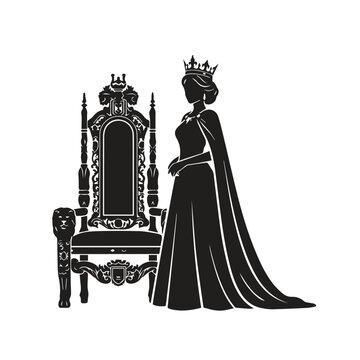 Silhouette of a regal queen standing gracefully beside an ornate royal throne
