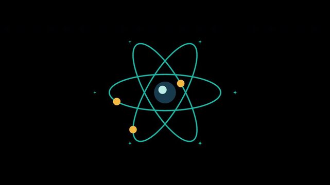 Science atom model with orbiting electrons, minimalist flat icon representing nuclear physics, chemistry and data connection