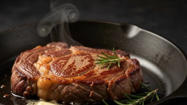 Freshly Cooked Grilled Steak Steaming in Cast Iron Skillet