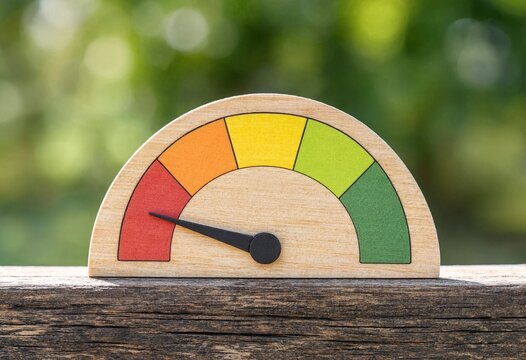 Wooden risk gauge with colorful red, orange, yellow and green scale on rustic outdoor ledge, symbolizing measurement, warning, performance, assessment and monitoring.