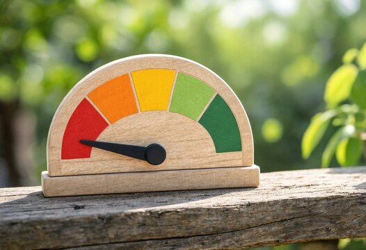 Wooden risk gauge with colorful red, orange, yellow and green scale on rustic outdoor ledge, symbolizing measurement, warning, performance, assessment and monitoring.