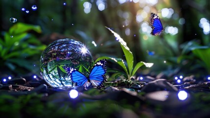 Fototapeta premium Enchanting Scene of Blue Butterflies Around a Glass Sphere in a Lush Green Forest with Sparkling Lights