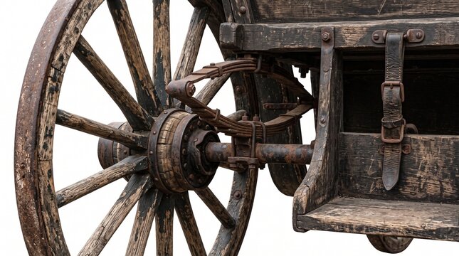 Detailed close up photograph capturing weathered wooden wagon wheels with rusty metal hardware and leaf springs isolated against a clean white background