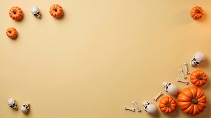 Fototapeta premium Flat lay composition of decorative pumpkins and pinecones on a solid beige background with copy space