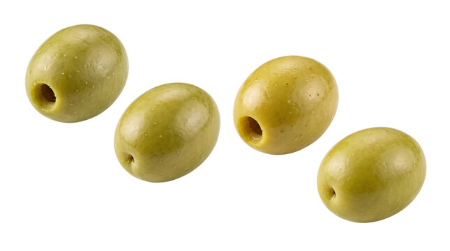Four green olives with pits on black isolated on transparent background