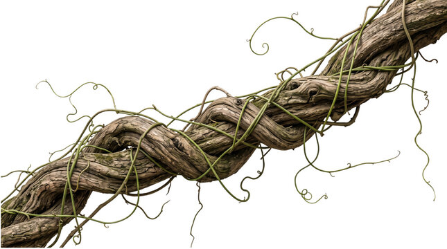 Gnarled woody vine with green tendrils on isolated on transparent background