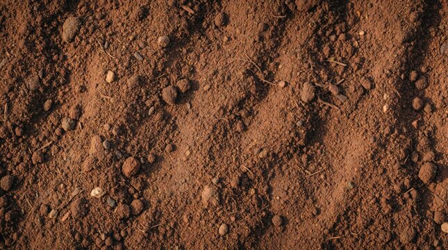 Close up view of fertile brown farm soil. Rich organic dirt texture shows compost, humus layers. Top view of nutrient dense earth with small pebbles, sand for agriculture. Natural ground surface