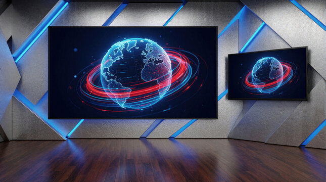 Modern virtual news studio background with large digital screens. Blue neon lights glow on geometric walls. Glowing digital earth globe spins on dark monitor with red data rings. Pro broadcast set