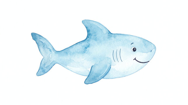Cute little blue shark swimming in a friendly cartoon watercolor style