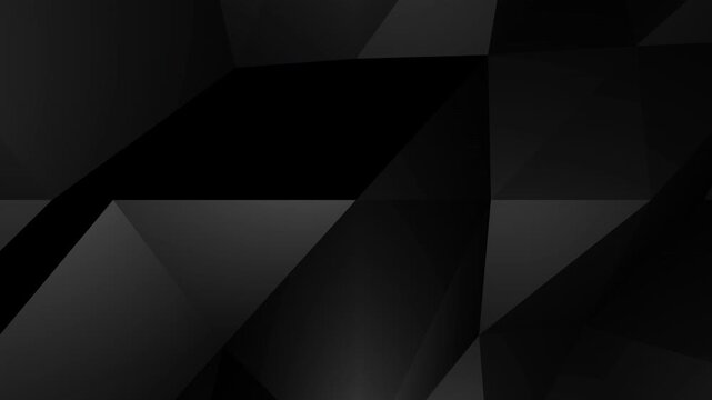 Elegant black abstract geometric polygon motion background. Seamless looping 3D low poly dark surface with smooth moving lights.