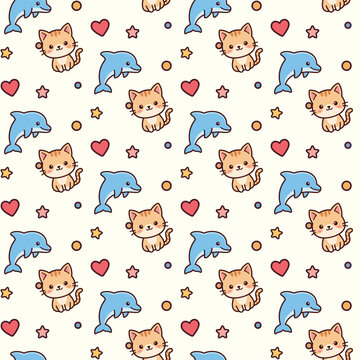 Seamless pattern with cute kawaii cats and dolphins on white