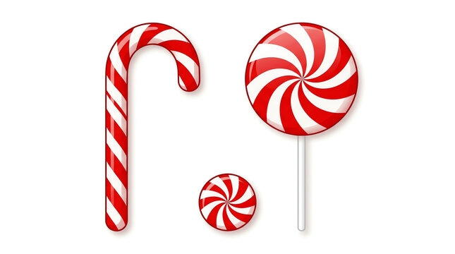 Red and white striped candy cane and round lollipops set
