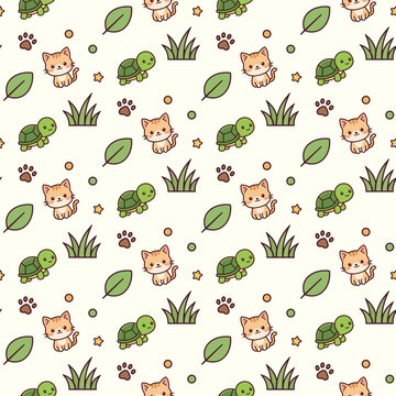 Seamless pattern with cute cartoon cats and turtles on white background