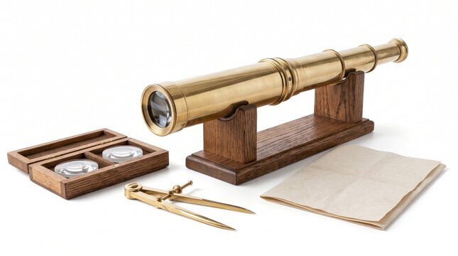 Antique brass telescope resting on a custom wooden stand accompanied by interchangeable glass lenses inside a small box and drafting compasses