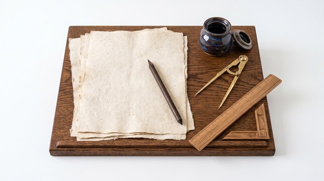 Handmade parchment paper sheets resting beside wooden drafting tools, brass compass, ceramic inkwell, and dark pencil arranged neatly upon a dark wooden board surface