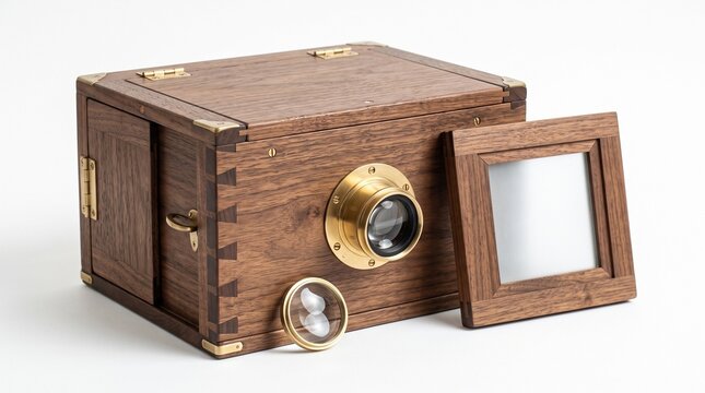 Vintage wooden box camera with intricate brass fittings and detachable glass lens resting on a clean white studio surface showcasing classic craftsmanship and retro photographic equipment
