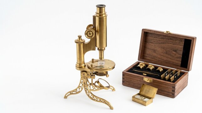 Vintage brass microscope standing proudly on a clean white surface with its polished wooden accessory box containing extra lenses and glass slides beside it