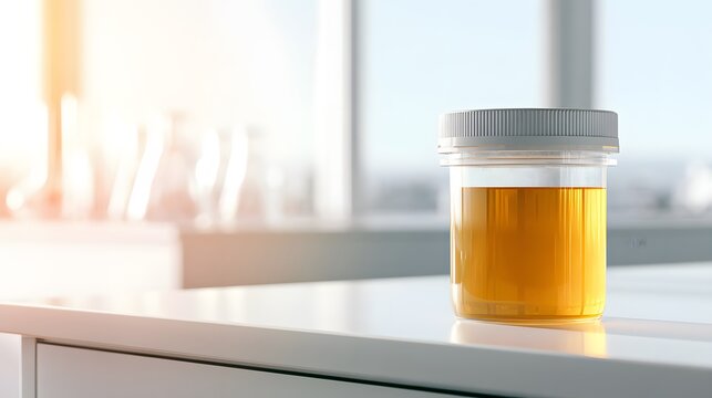 Close-up of a specimen cup filled with yellow urine sample on a white surface, symbolizing medical testing and health analysis in a sterile environment