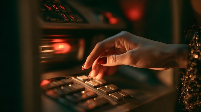 Close-up of a woman's hand with red nail polish entering a code on a keypad of an ATM machine in a dimly lit environment