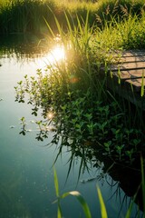 Fototapeta premium Golden sunlight glimmers on calm pond water at sunset. Small green plants, tall grass grow near old wooden pier edge. Peaceful nature landscape with wild vegetation, warm sun rays reflecting in quiet