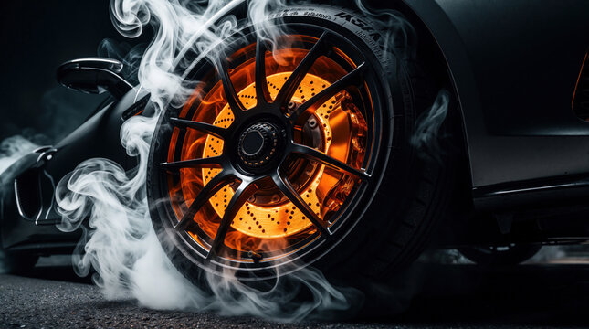 Close up of sports car wheel with glowing orange brake disc. Hot metal rotor emits smoke from high speed friction. Black alloy rim, tire show intense heat during racing. Automotive engineering