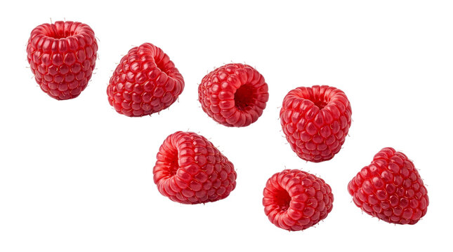 Scattered fresh red raspberries on isolated on transparent background