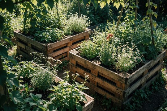 Wooden pallet collar raised beds grow organic vegetables, herbs in backyard garden. Homemade planter boxes filled with green plants, white flowers sit on soil. Sustainable gardening concept for small
