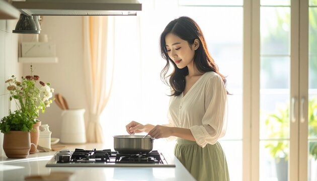 Young East Asian Woman Soft Stirring Pot