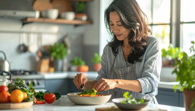 Middle-Aged Latina Woman Soft Seasoning Food